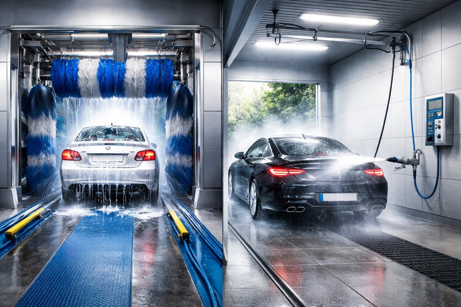 Station de lavage automobile, portique et pistes haute pression